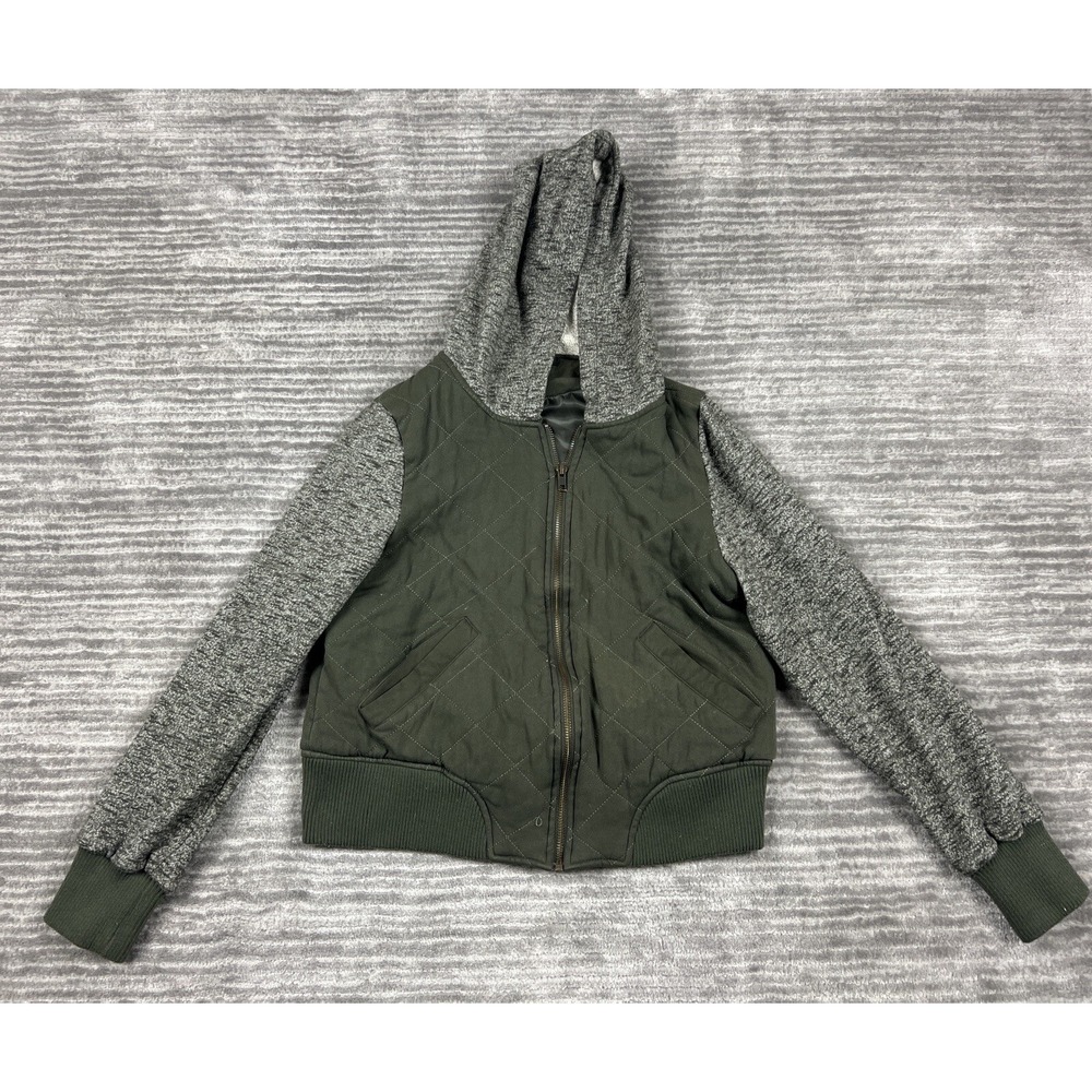 Maurices Jacket Womens S Olive Green Quilted Mixed Media Hooded Bomber Full Zip
